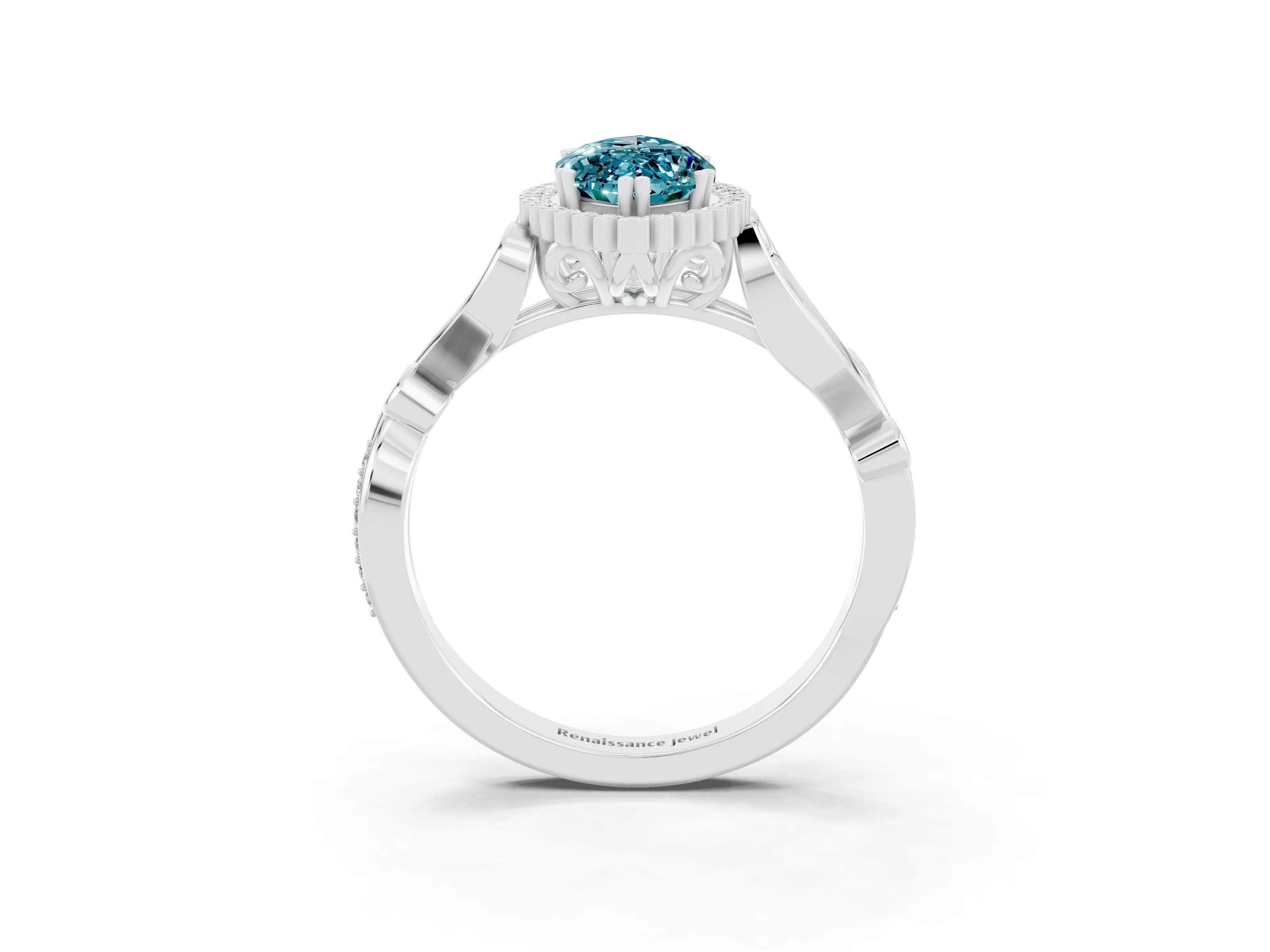 White gold Marquise Cut Blue Topaz Halo Ring with Vintage Split Shank and Four-Prong Setting_46