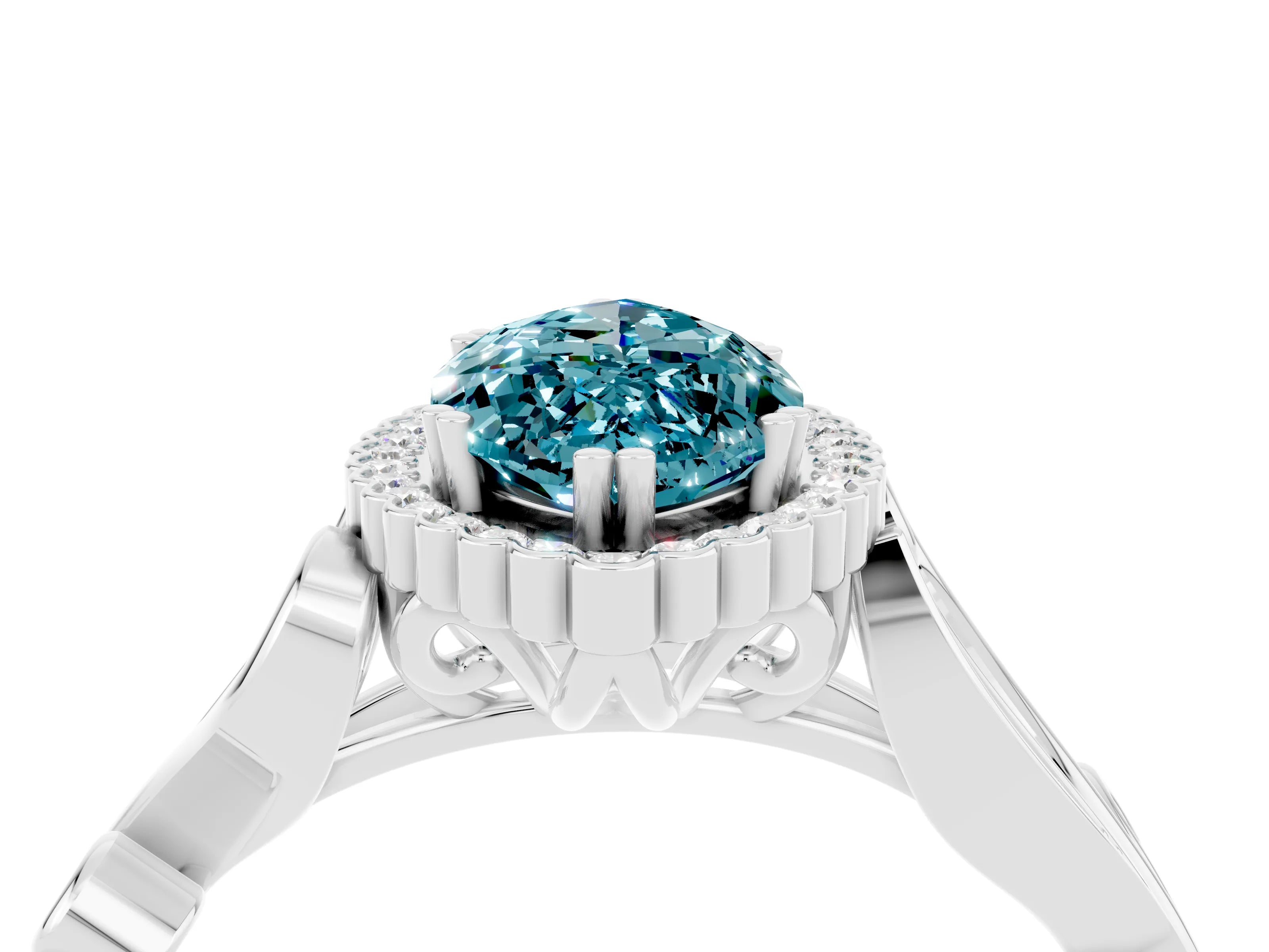 White gold Marquise Cut Blue Topaz Halo Ring with Vintage Split Shank and Four-Prong Setting_47
