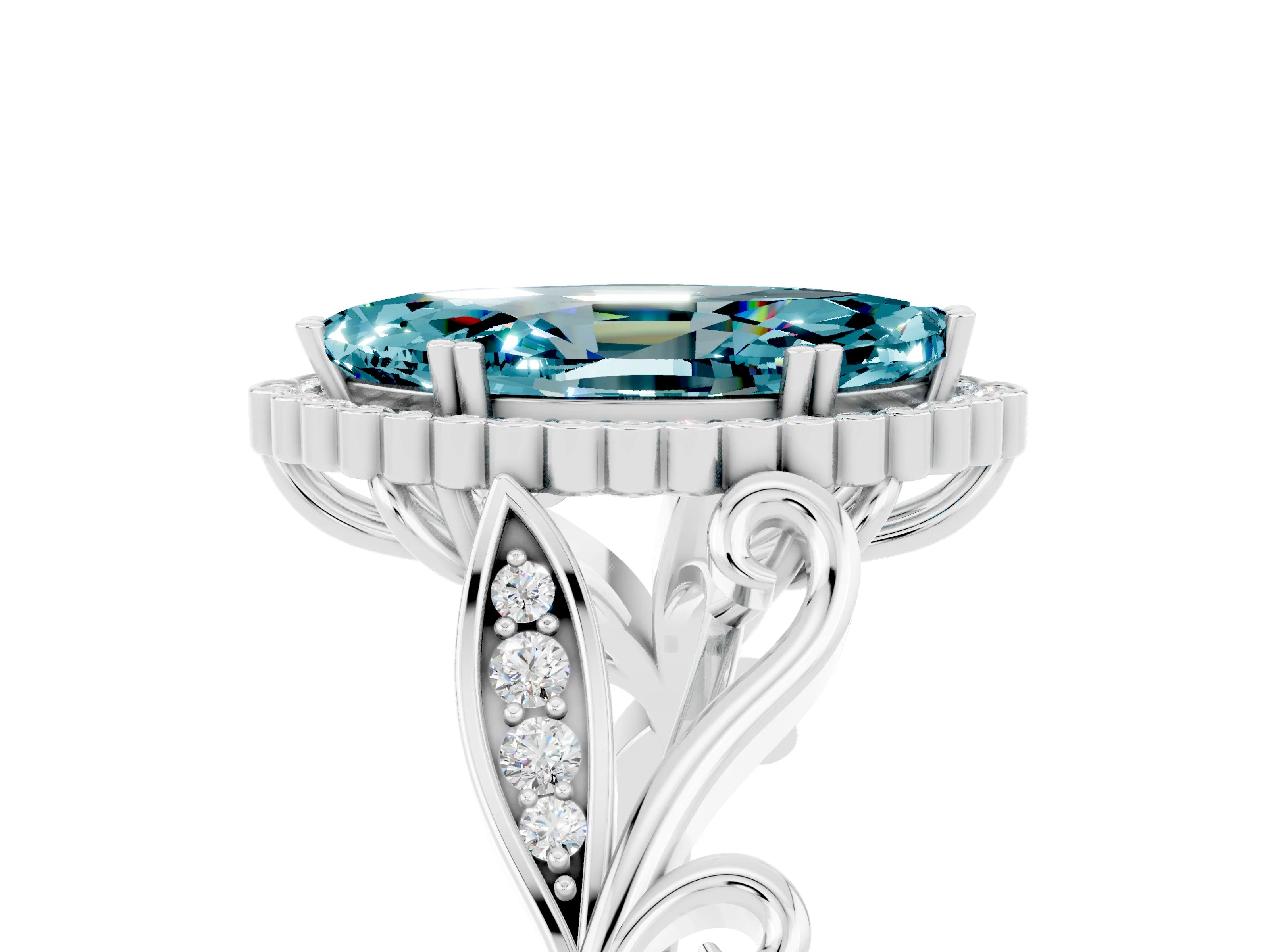 White gold Marquise Cut Blue Topaz Halo Ring with Vintage Split Shank and Four-Prong Setting_47