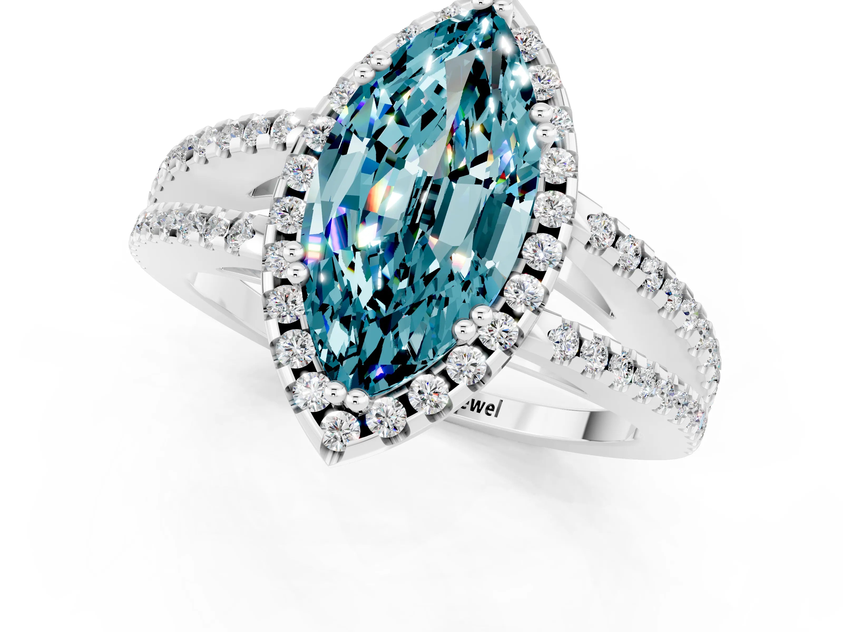 White gold Marquise Cut Blue Topaz Halo Split Shank Engagement Ring_13
