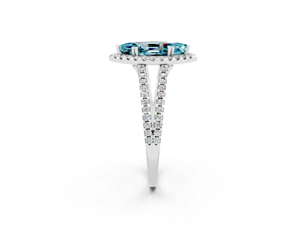 Platinum Marquise Cut Blue Topaz Halo Split Shank Engagement Ring