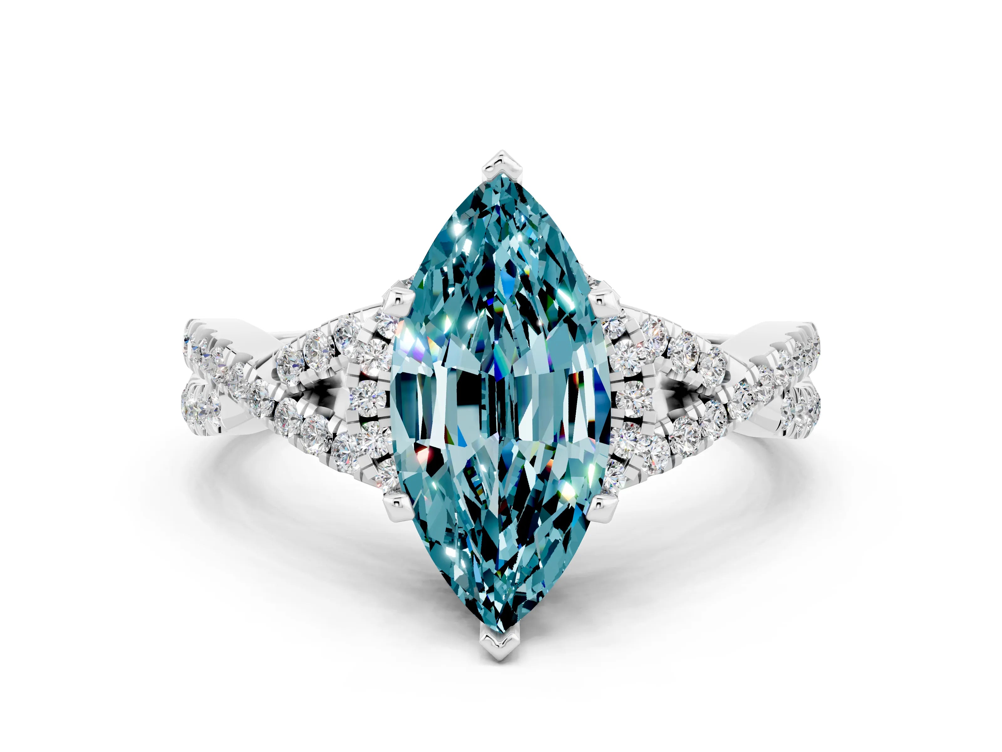 White gold Marquise Cut Blue Topaz Halo Twist Band Solitaire Prong Setting Ring