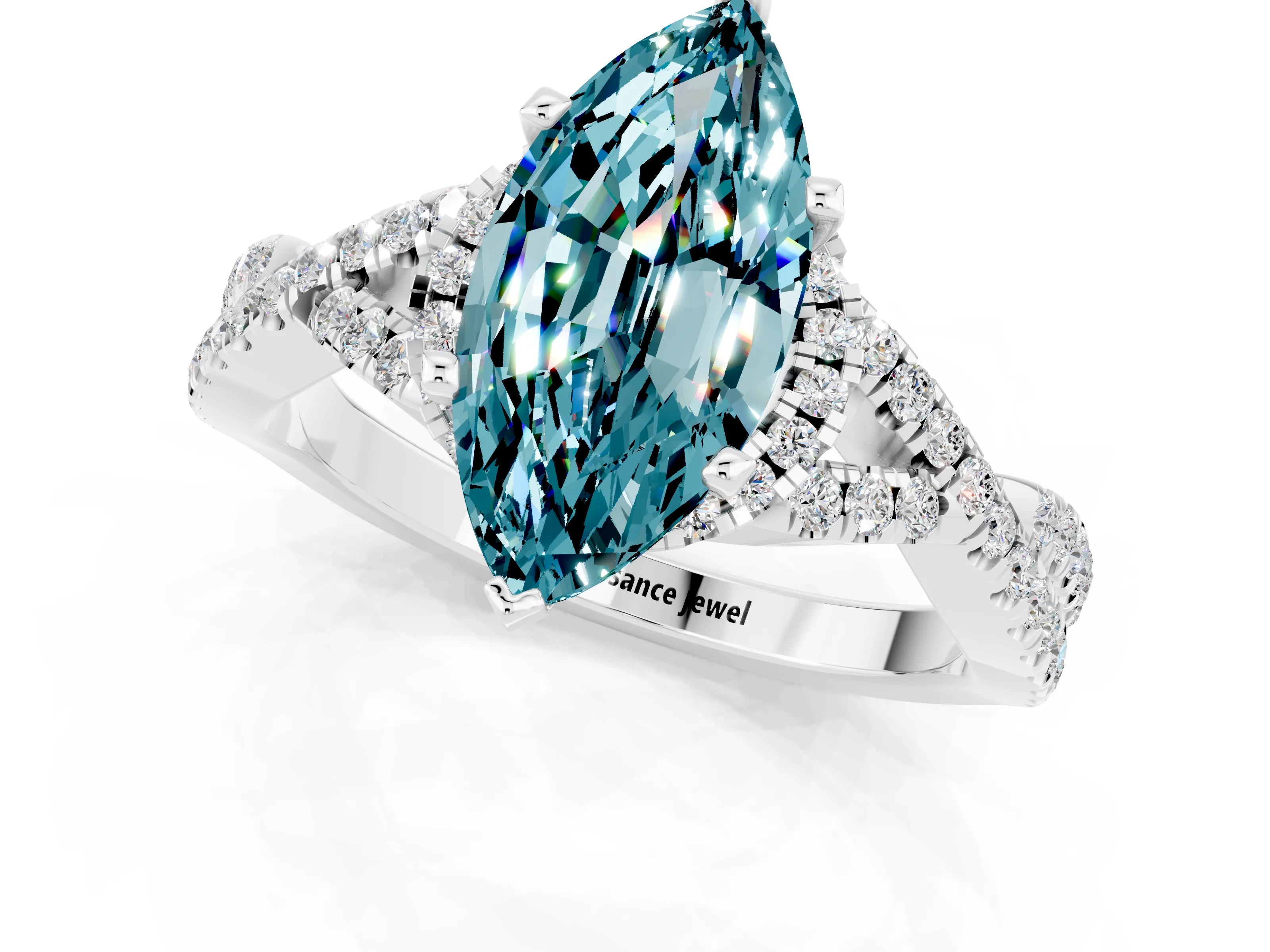 White gold Marquise Cut Blue Topaz Halo Twist Band Solitaire Prong Setting Ring_1