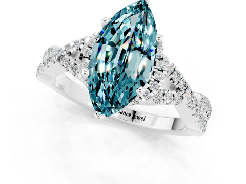 White gold Marquise Cut Blue Topaz Halo Twist Band Solitaire Prong Setting Ring_1