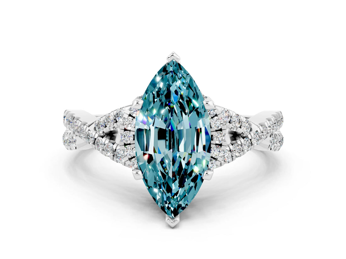 White gold Marquise Cut Blue Topaz Halo Twist Band Solitaire Prong Setting Ring