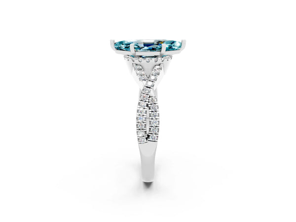Platinum Marquise Cut Blue Topaz  Halo Twist Band Solitaire Prong Setting Ring