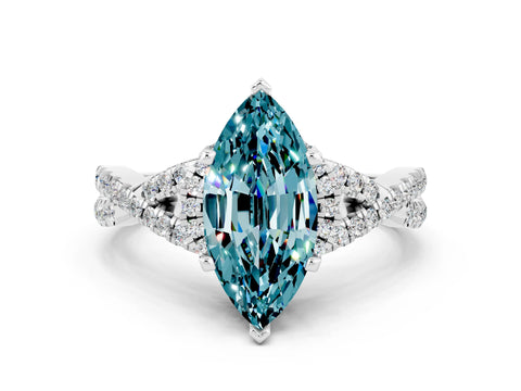 White gold Marquise Cut Blue Topaz Halo Twist Band Solitaire Prong Setting Ring
