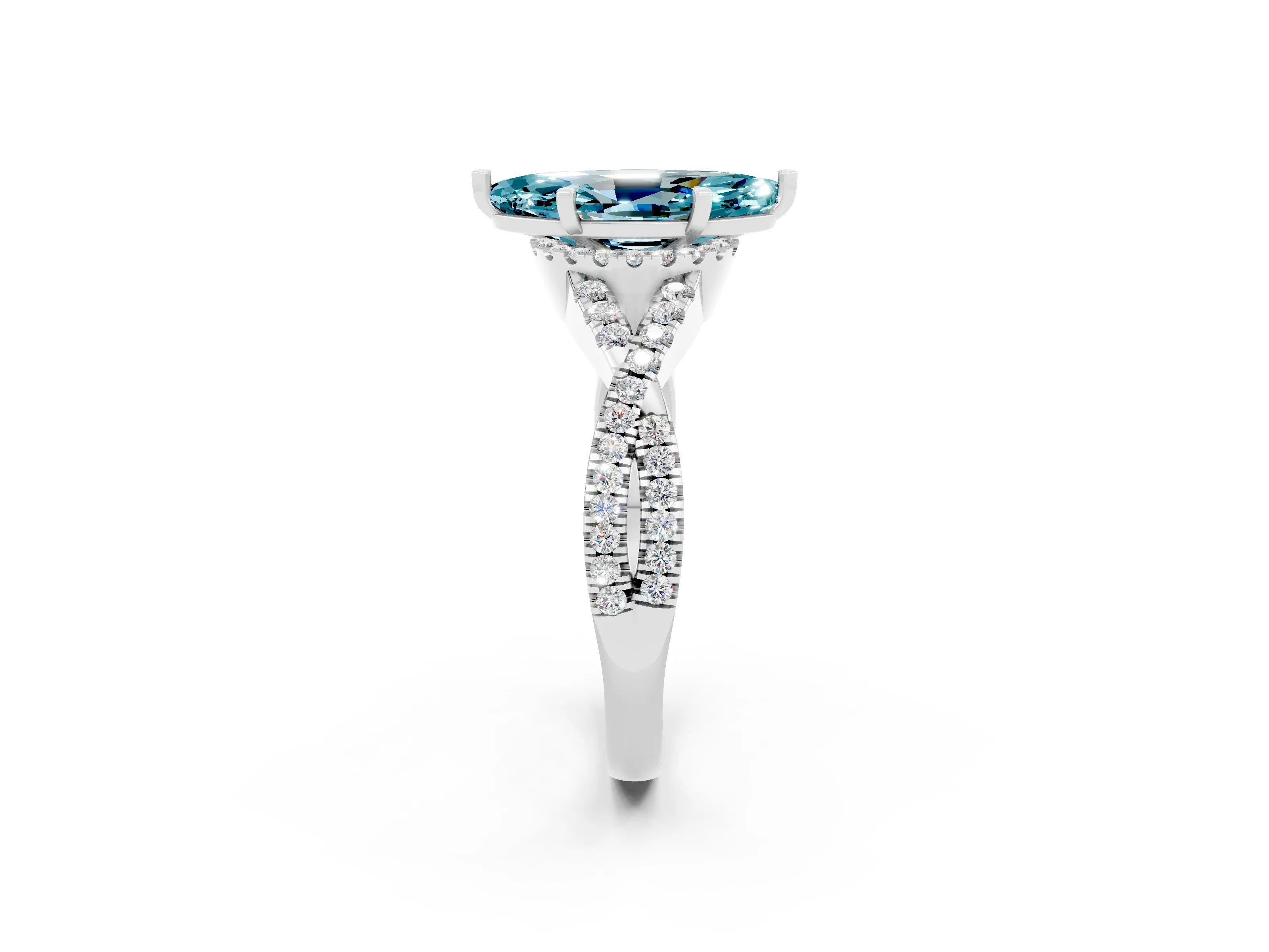White gold Marquise Cut Blue Topaz Halo Twist Band Solitaire Prong Setting Ring_2
