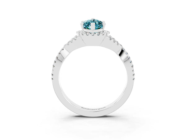 White gold Marquise Cut Blue Topaz  Halo Twist Band Solitaire Prong Setting Ring