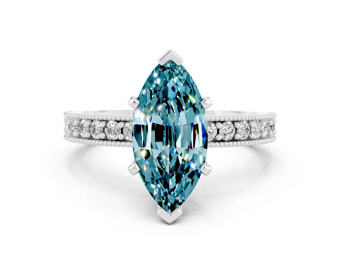 White gold Marquise Cut Blue Topaz Milgrain Pavé Engagement Ring with Four-Prong Setting