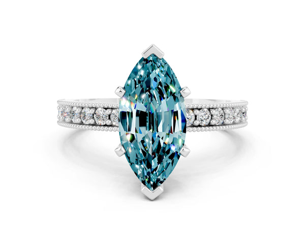 White gold Marquise Cut Blue Topaz Milgrain Pavé Engagement Ring with Four-Prong Setting
