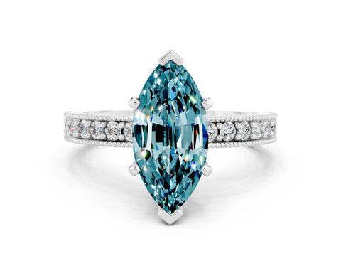 White gold Marquise Cut Blue Topaz Milgrain Pavé Engagement Ring with Four-Prong Setting