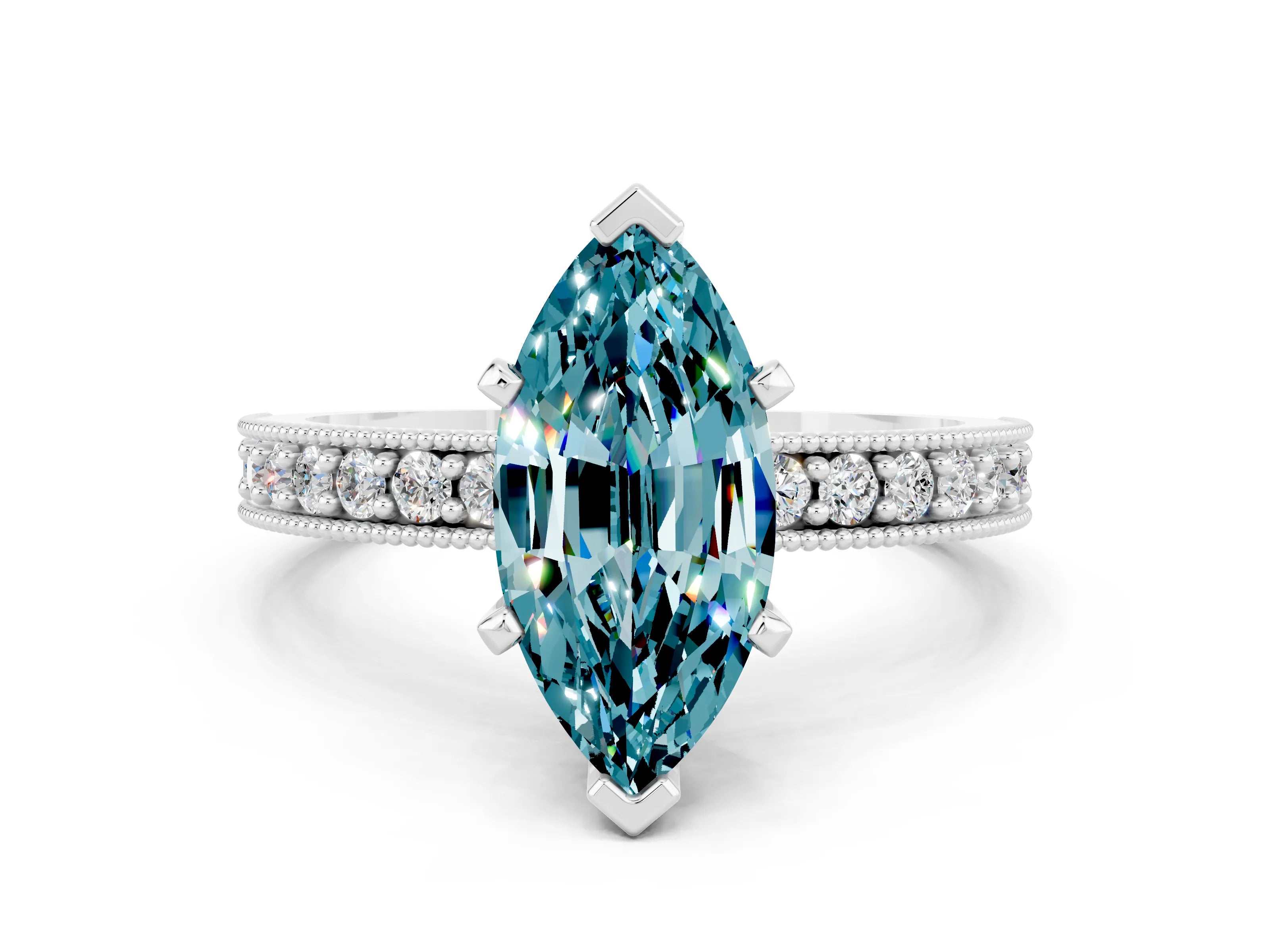 White gold Marquise Cut Blue Topaz Milgrain Pavé Engagement Ring with Four-Prong Setting
