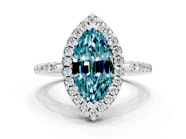 White gold Marquise Cut Blue Topaz Pavé Halo Ring with Four-Prong Setting