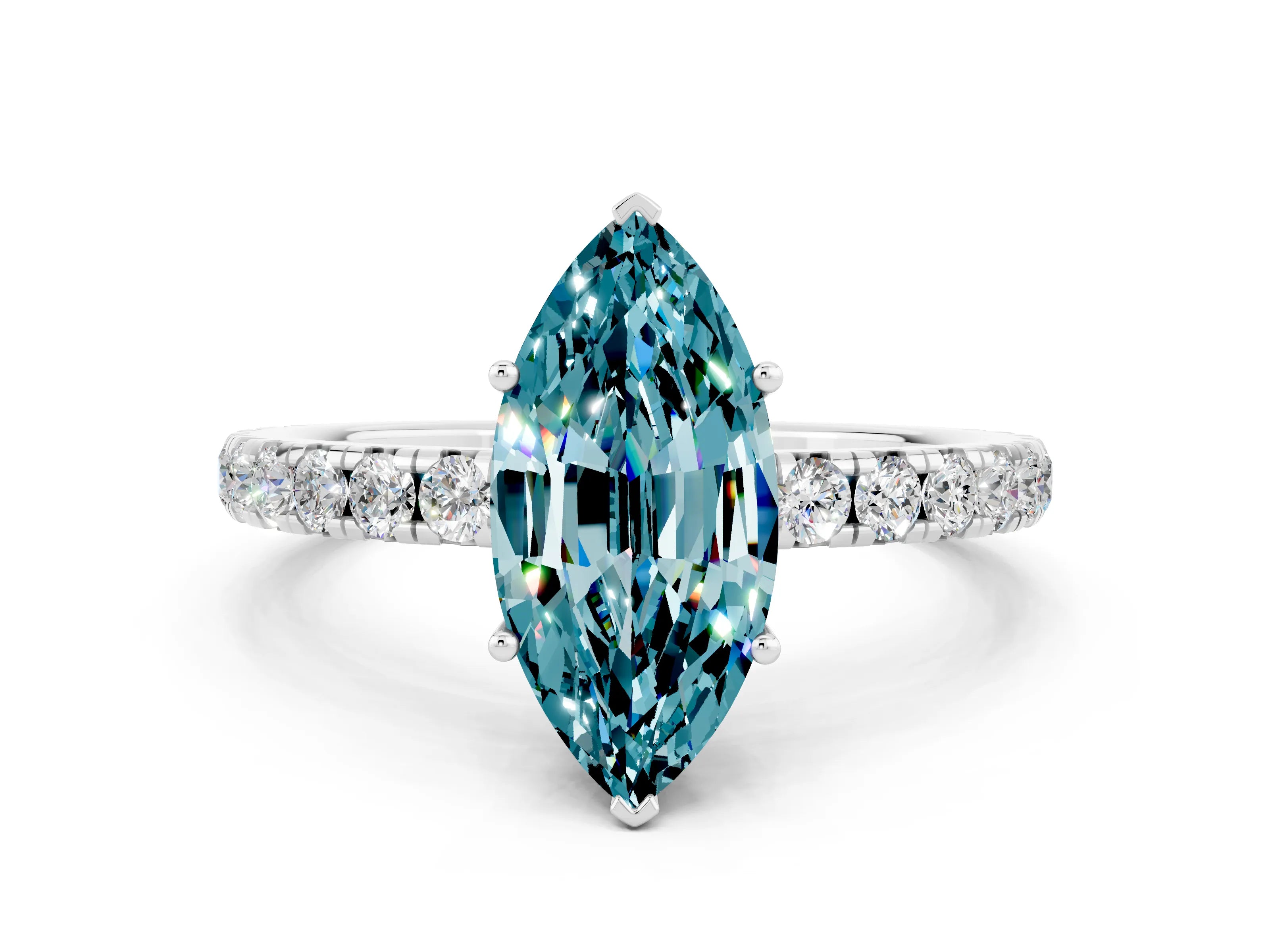 White gold Marquise Cut Blue Topaz Pavé Solitaire Engagement Ring with Four-Prong Setting_12