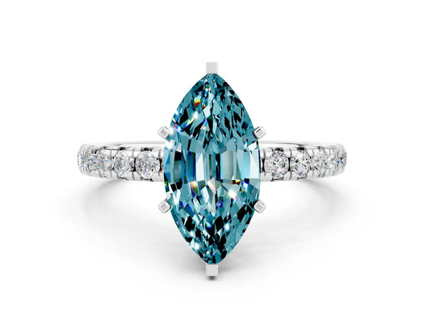 Platinum Marquise Cut Blue Topaz Pavé Solitaire Ring with Round Band and Prong Setting
