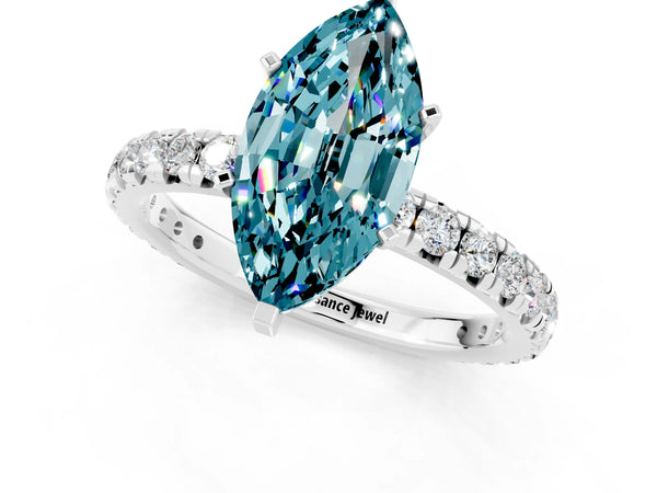 Silver Marquise Cut Blue Topaz Pavé Solitaire Ring with Round Band and Prong Setting