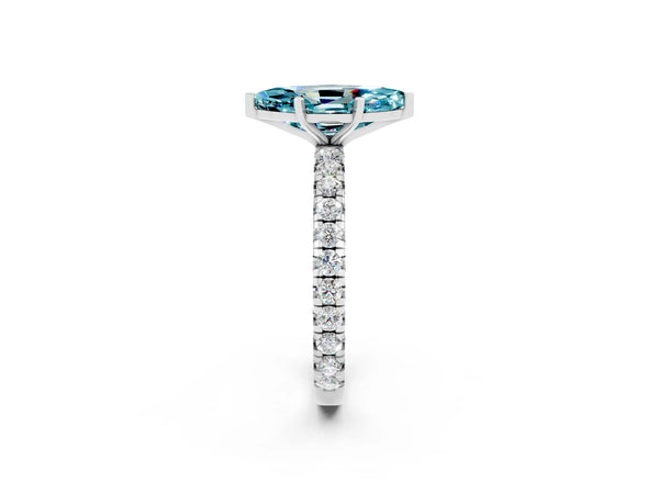 Platinum Marquise Cut Blue Topaz Pavé Solitaire Ring with Round Band and Prong Setting