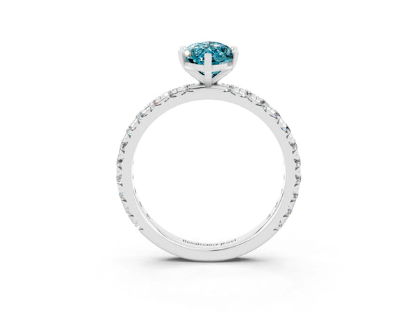 Platinum Marquise Cut Blue Topaz Pavé Solitaire Ring with Round Band and Prong Setting