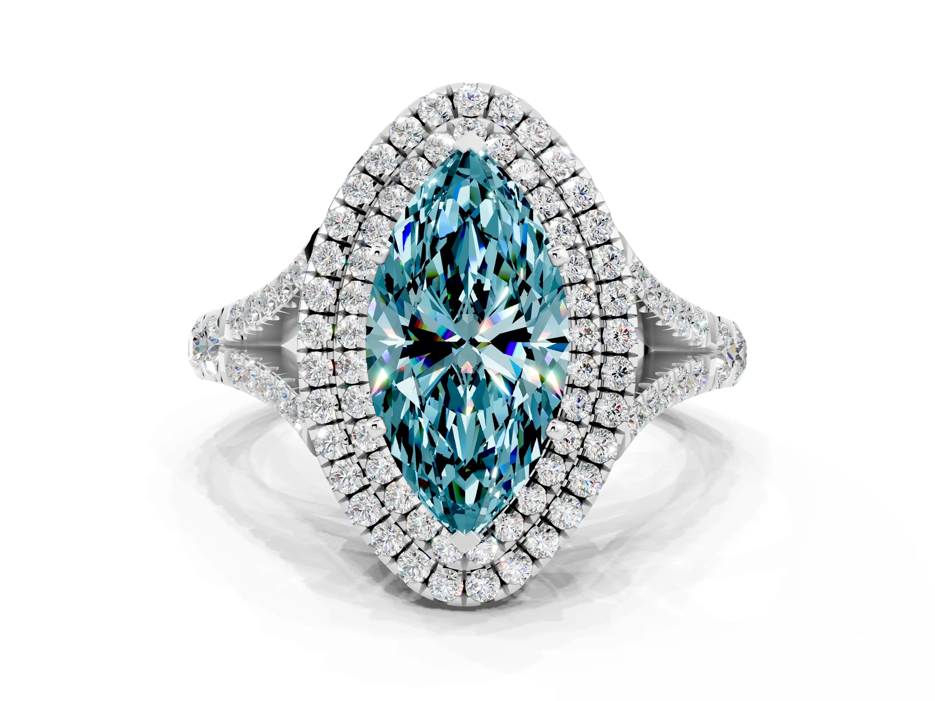 White gold Marquise Cut Blue Topaz Pavé Split Shank Double Halo Engagement Ring