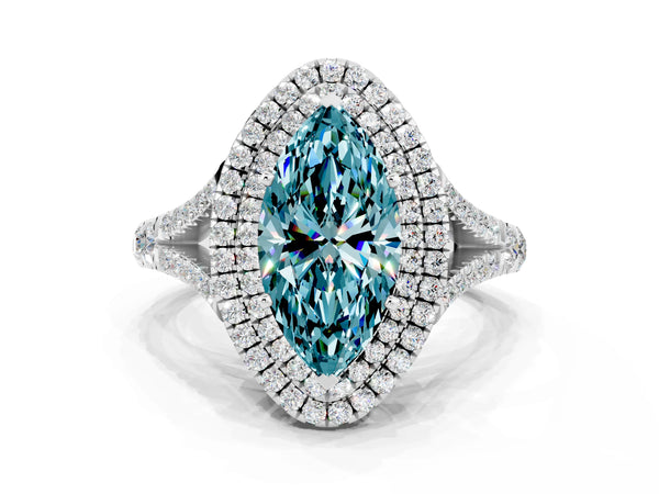Platinum Marquise Cut Blue Topaz Pavé Split Shank Double Halo Engagement Ring