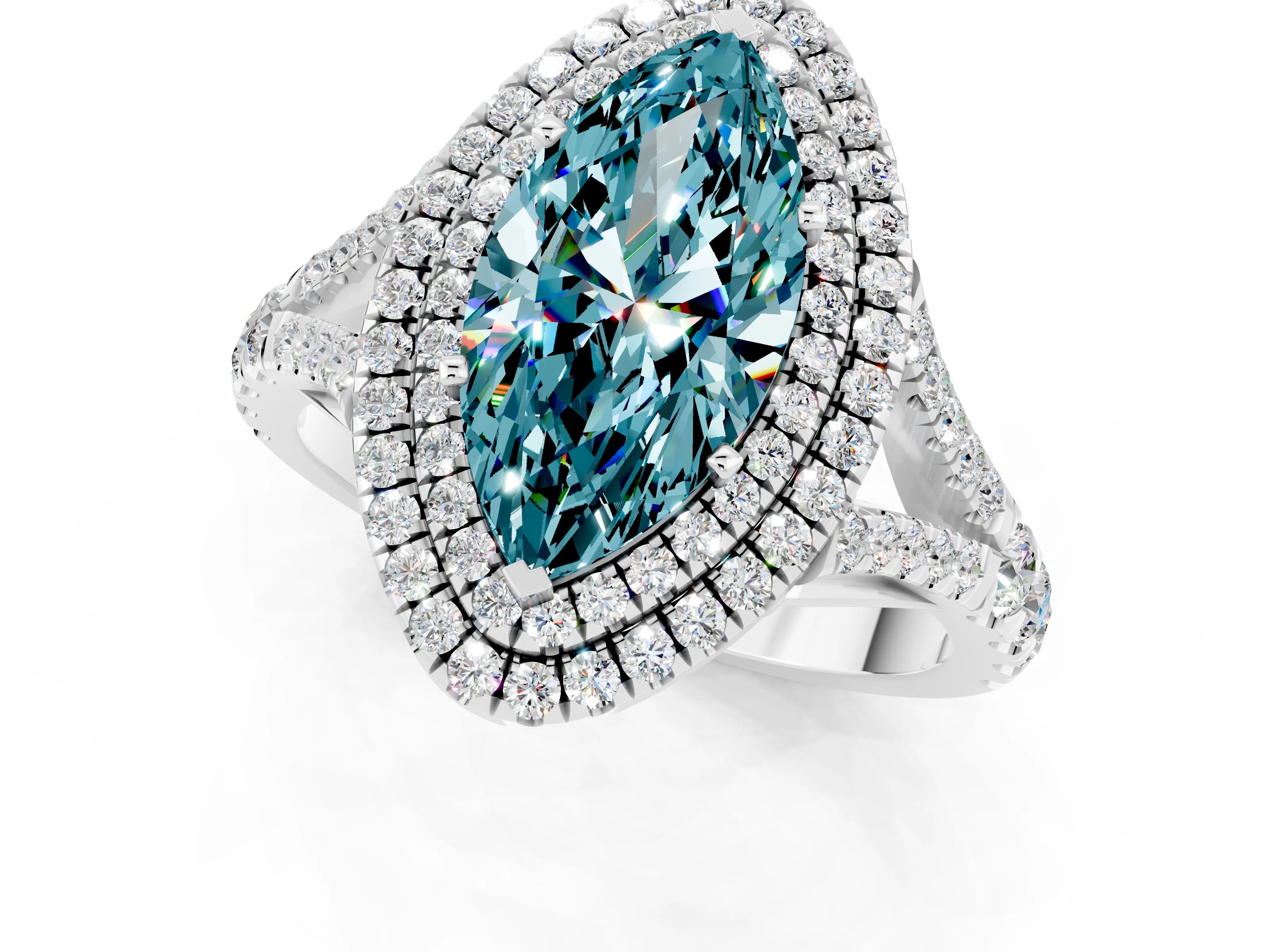 White gold Marquise Cut Blue Topaz Pavé Split Shank Double Halo Engagement Ring_1