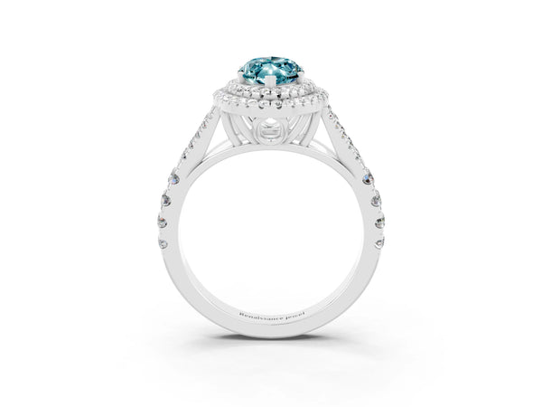 Silver Marquise Cut Blue Topaz Pavé Split Shank Double Halo Engagement Ring