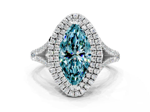 White gold Marquise Cut Blue Topaz Pavé Split Shank Double Halo Engagement Ring