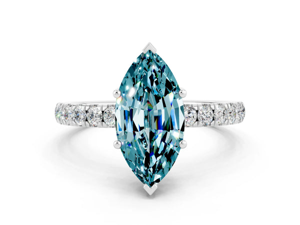 Silver Marquise Cut Blue Topaz Pave Band Solitaire Ring with Round  and Prong Setting