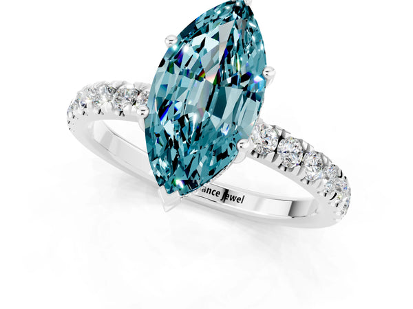 White gold Marquise Cut Blue Topaz Pave Band Solitaire Ring with Round  and Prong Setting