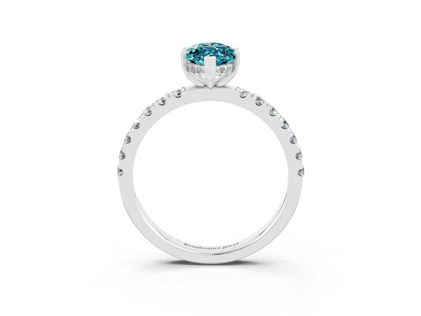 White gold Marquise Cut Blue Topaz Pave Band Solitaire Ring with Round  and Prong Setting