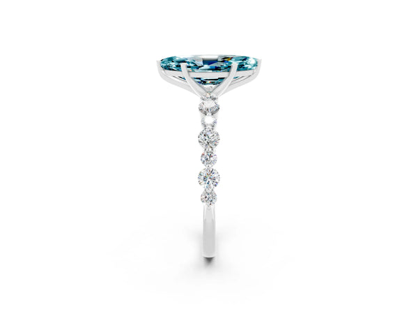 Platinum Marquise Cut Blue Topaz Prong Set Engagement Ring with Pavé Band