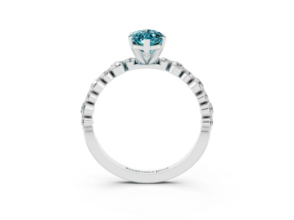 Silver Marquise Cut Blue Topaz Prong Set Engagement Ring with Pavé Band