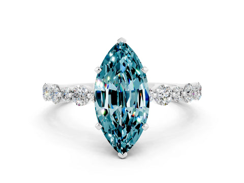 White gold Marquise Cut Blue Topaz Prong Set Engagement Ring with Pavé Band