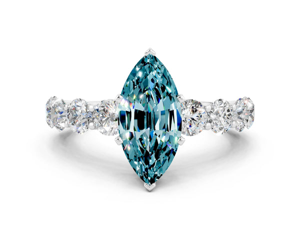Platinum Marquise Cut Blue Topaz Prong Setting with Side Stones on a Pave Band