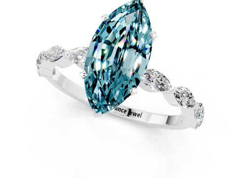White gold Marquise Cut Blue Topaz Ring with Marquise Side Stones and Prong Setting_1
