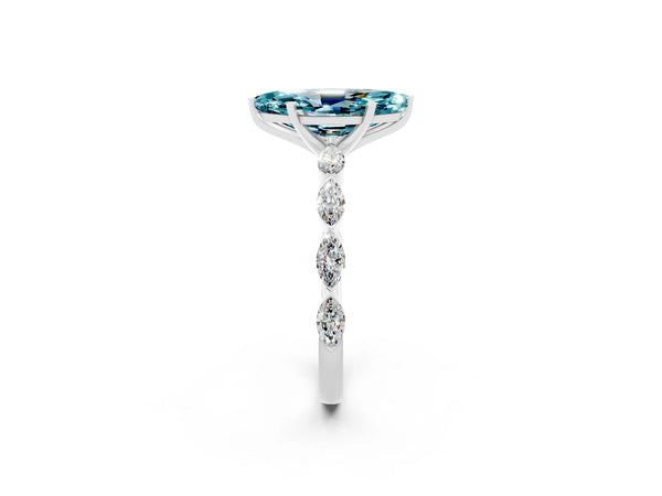 Platinum Marquise Cut Blue Topaz Ring with Marquise Side Stones and Prong Setting