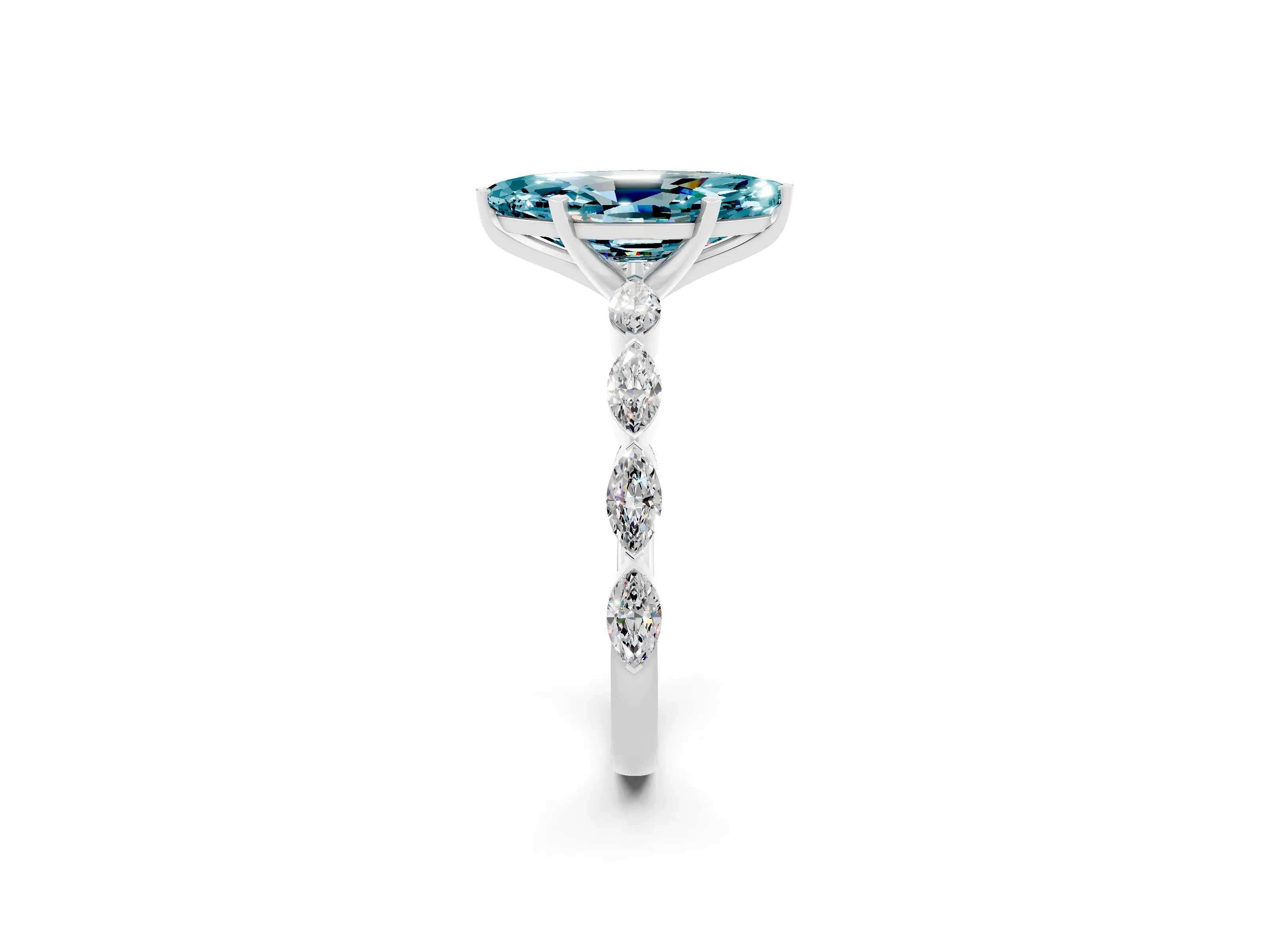 White gold Marquise Cut Blue Topaz Ring with Marquise Side Stones and Prong Setting_2