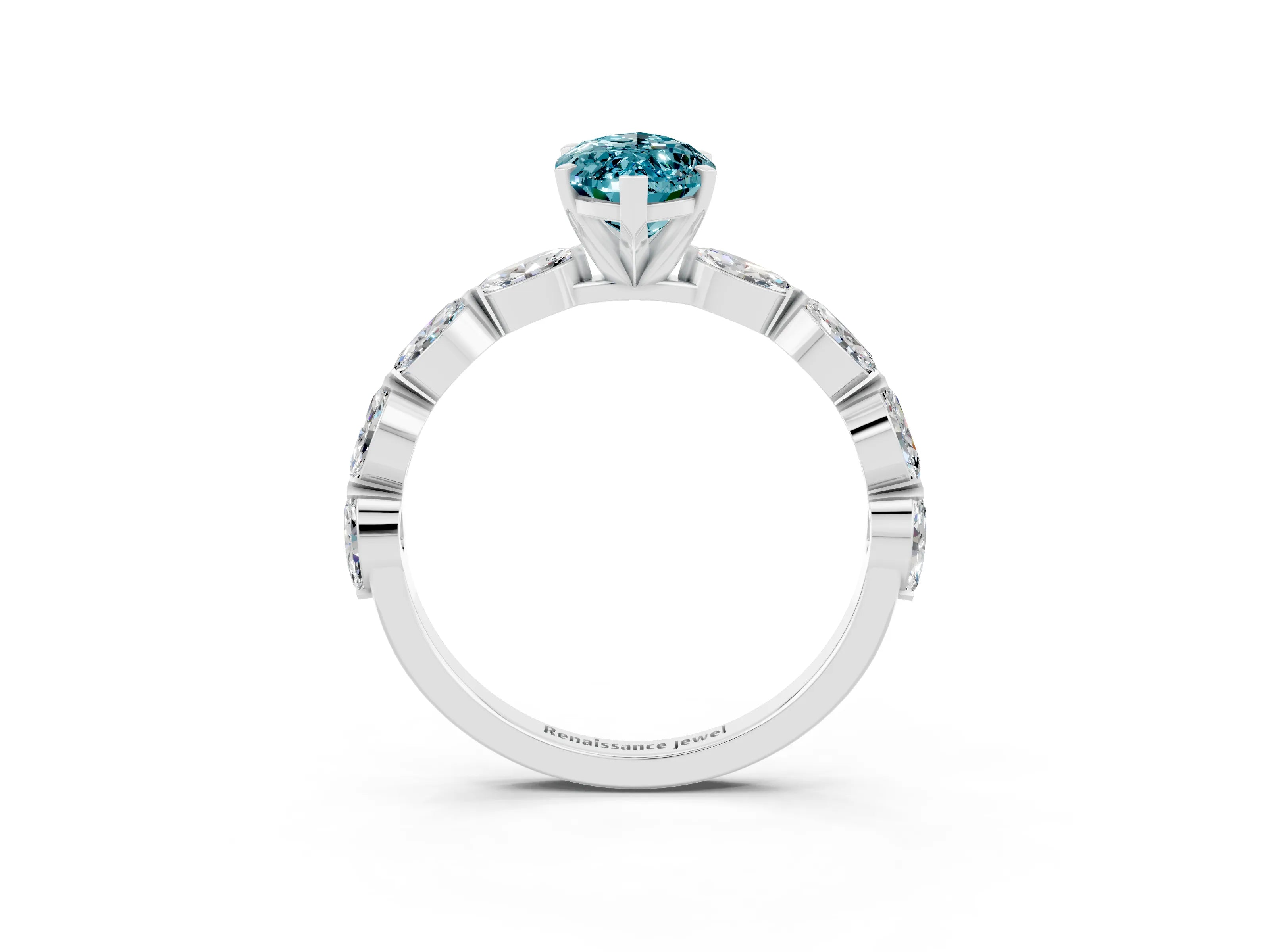 White gold Marquise Cut Blue Topaz Ring with Marquise Side Stones and Prong Setting_3