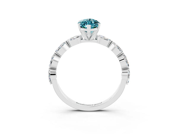 Silver Marquise Cut Blue Topaz Ring with Marquise Side Stones and Prong Setting
