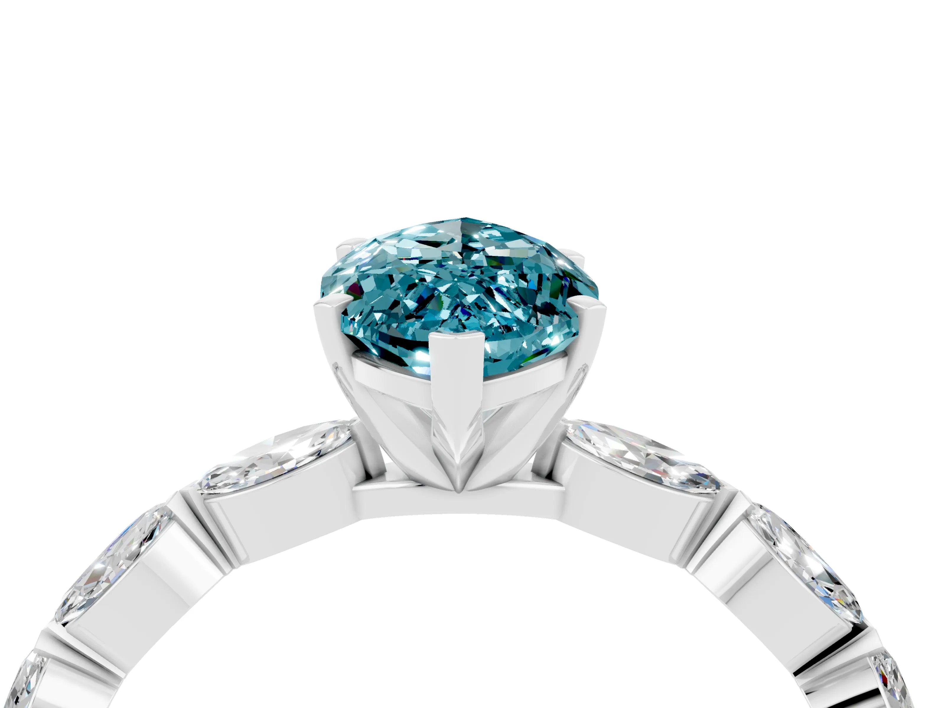 White gold Marquise Cut Blue Topaz Ring with Marquise Side Stones and Prong Setting_4