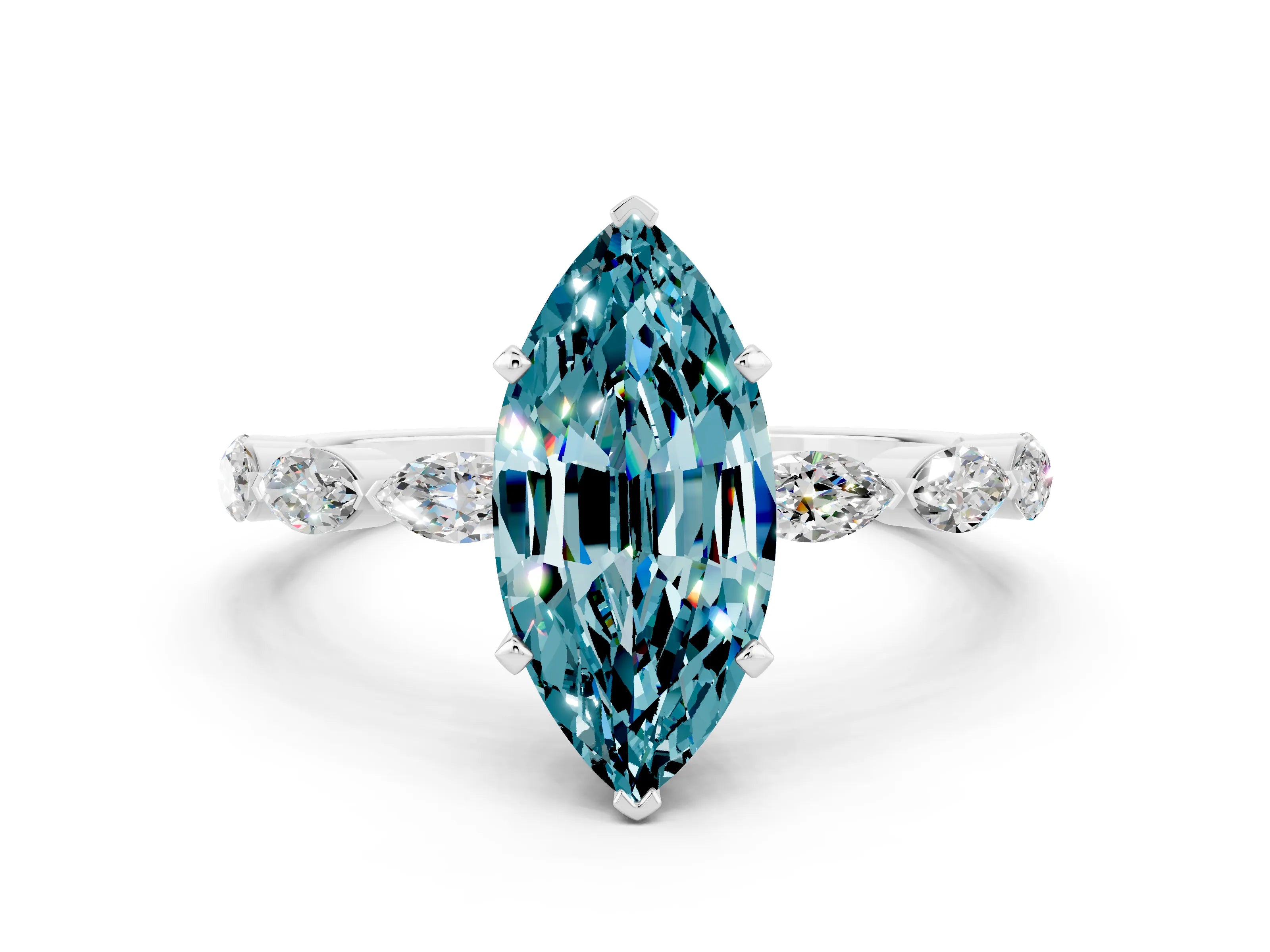 White gold Marquise Cut Blue Topaz Ring with Marquise Side Stones and Prong Setting