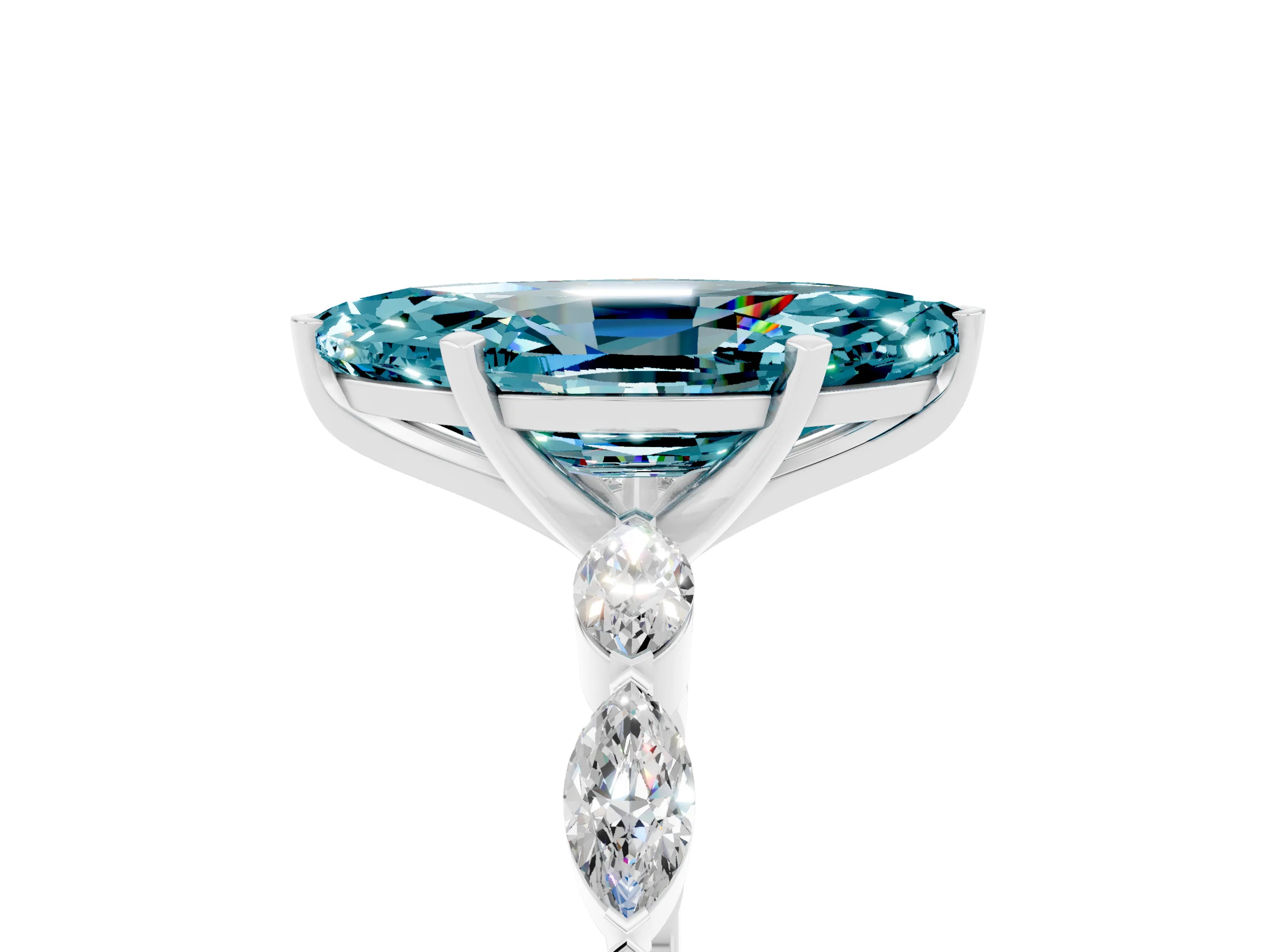 White gold Marquise Cut Blue Topaz Ring with Marquise Side Stones and Prong Setting_5