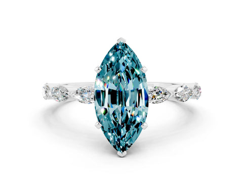 White gold Marquise Cut Blue Topaz Ring with Marquise Side Stones and Prong Setting