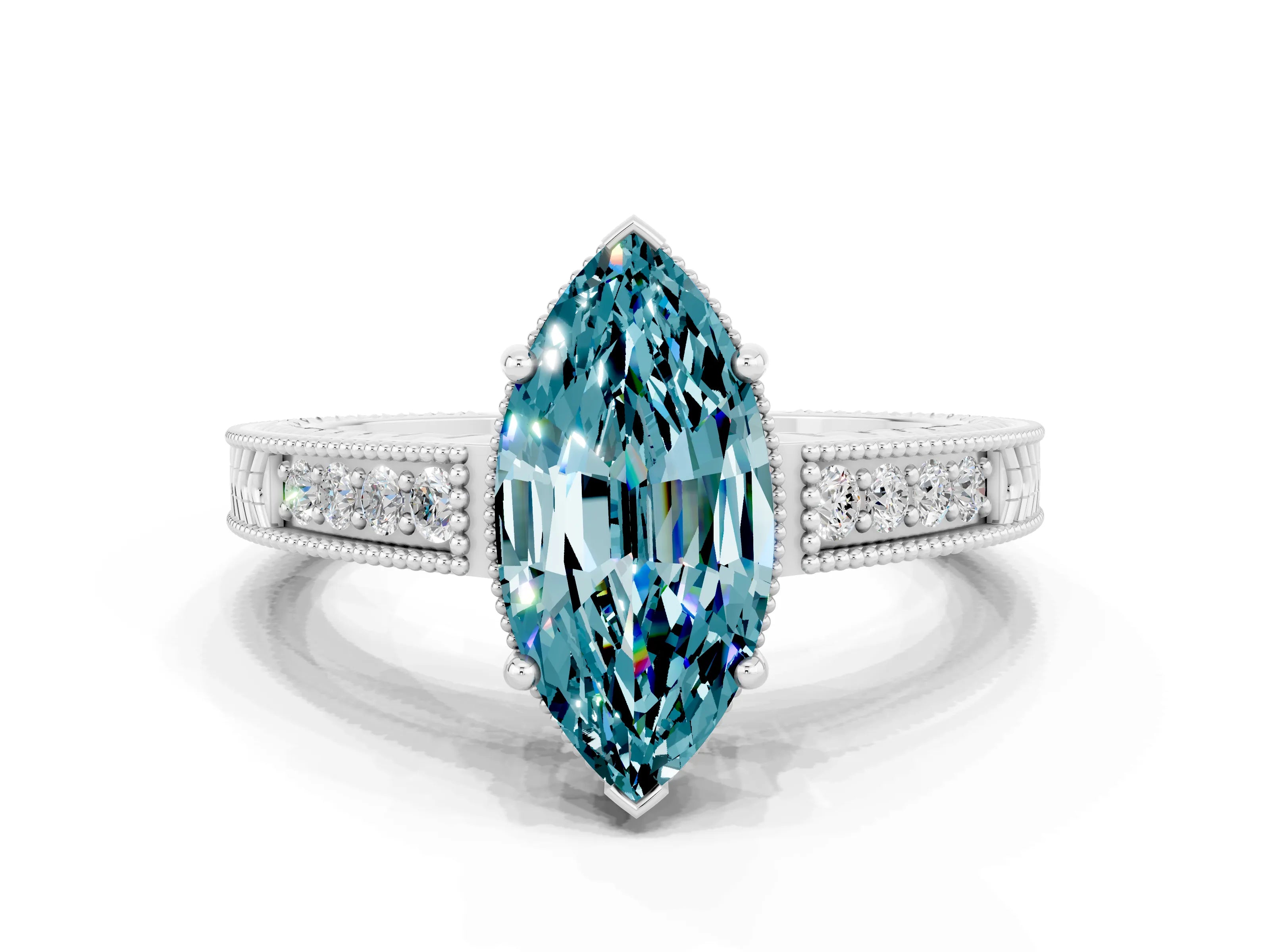 White gold Marquise Cut Blue Topaz Ring with Milgrain Pavé Band and Four-Prong Setting_12