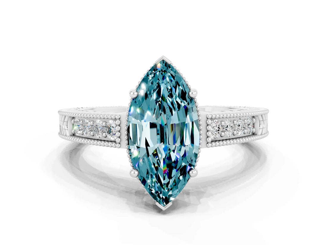 White gold Marquise Cut Blue Topaz Ring with Milgrain Pavé Band and Four-Prong Setting_12