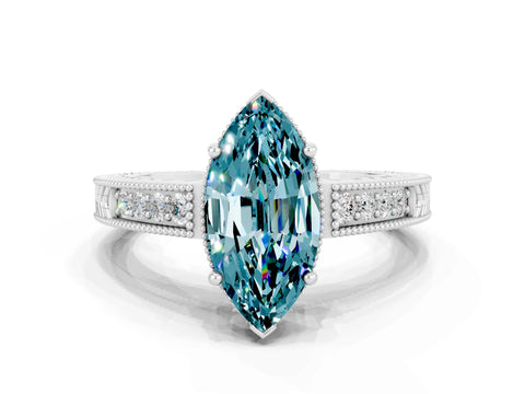 White gold Marquise Cut Blue Topaz Ring with Milgrain Pavé Band and Four-Prong Setting_12
