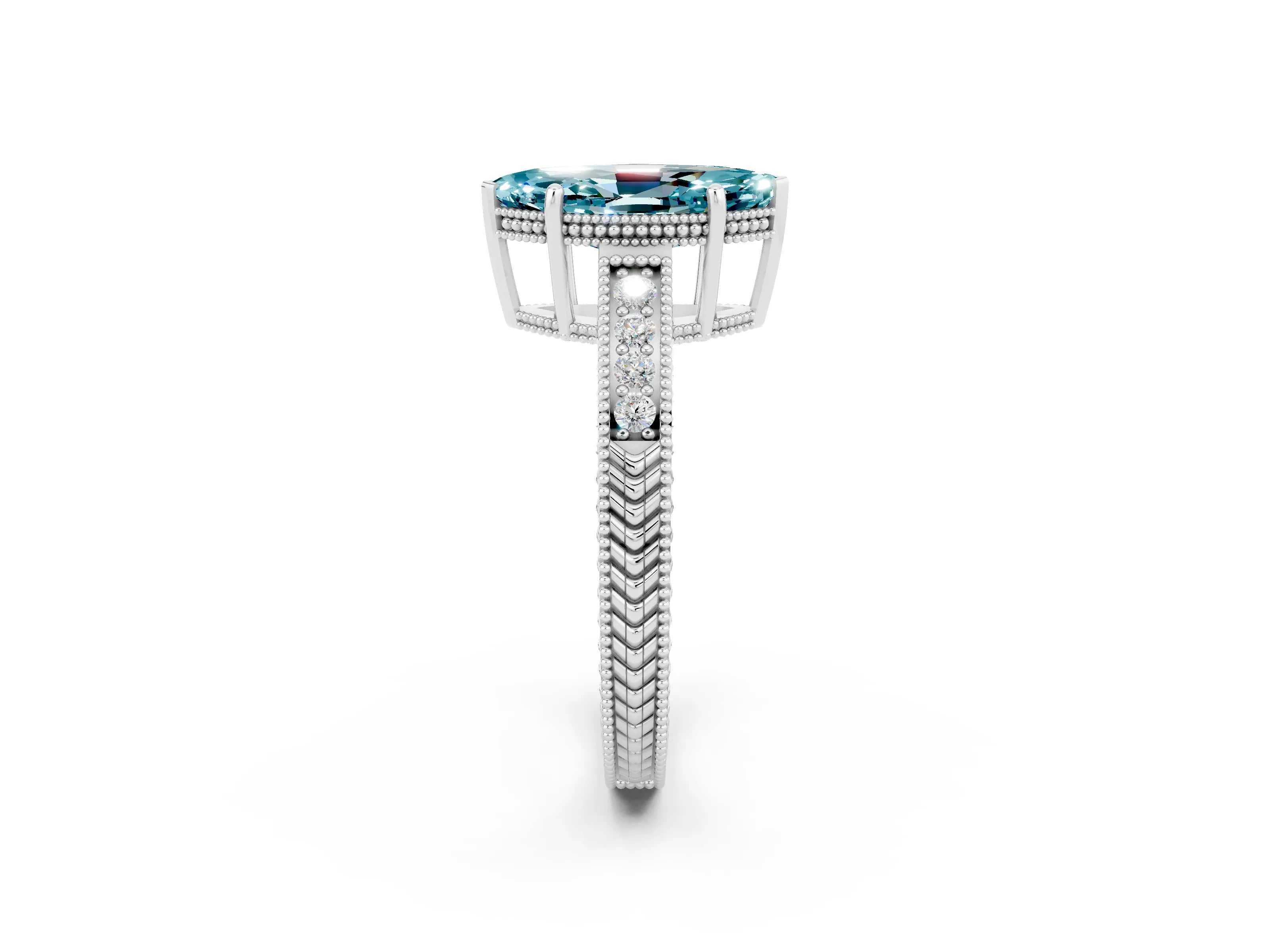 White gold Marquise Cut Blue Topaz Ring with Milgrain Pavé Band and Four-Prong Setting_14