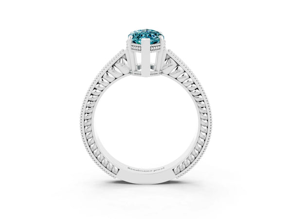 Platinum Marquise Cut Blue Topaz Ring with Milgrain Pavé Band and Four-Prong Setting