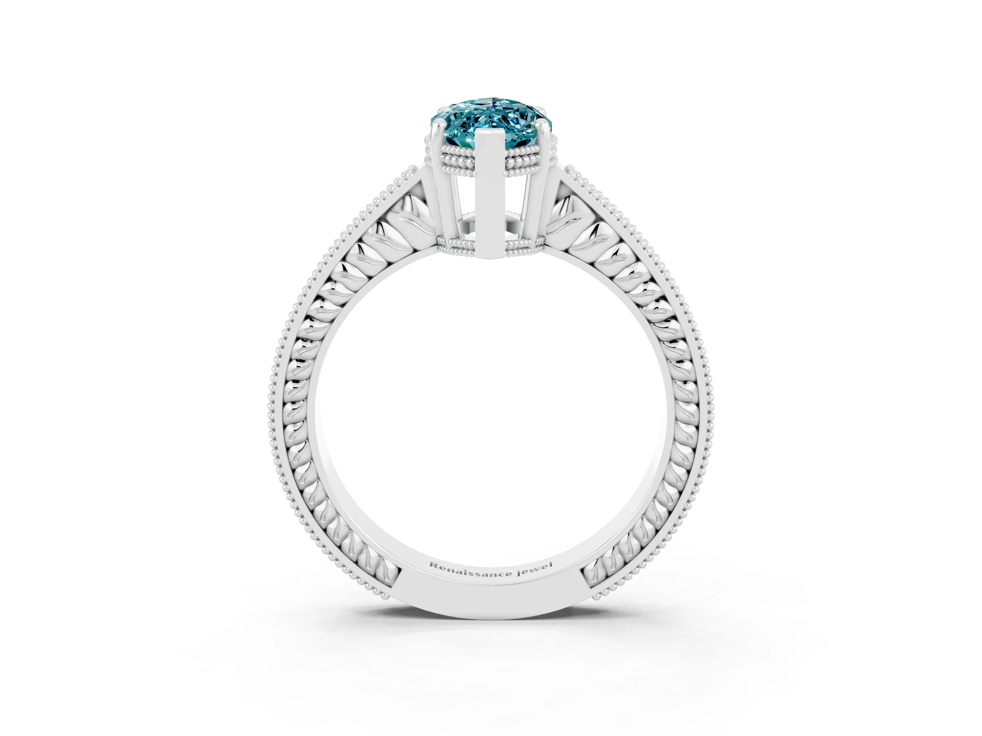 White gold Marquise Cut Blue Topaz Ring with Milgrain Pavé Band and Four-Prong Setting_15